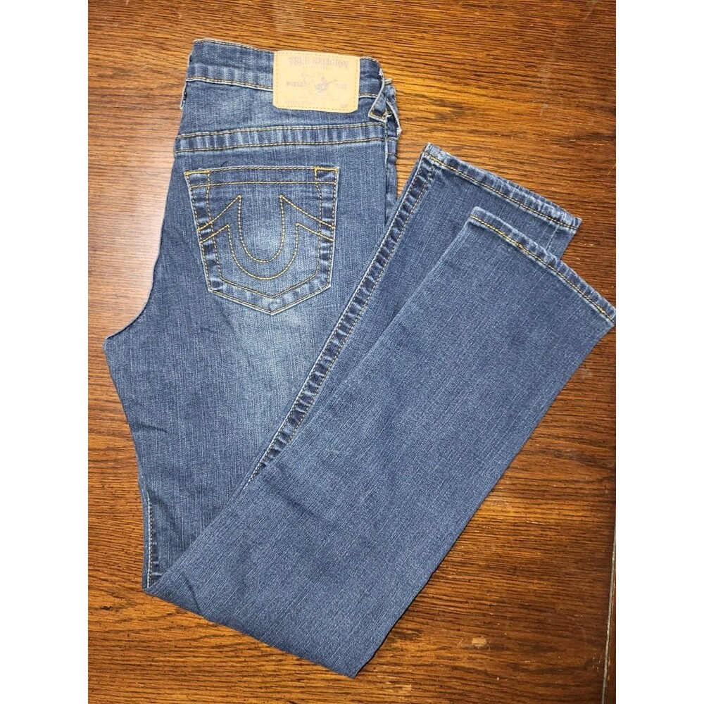 True Religion Youth Size 16 Straight Jeans Blue Gold Stitch Mid Wash 29x28 - Picture 3 of 4